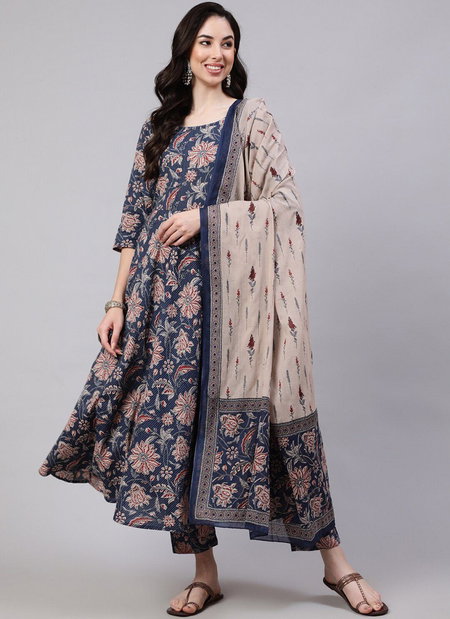 Navyblue Colour Rayon Printed Kurti With Pant Dupatta Wholesale In India Aaradhna 2057